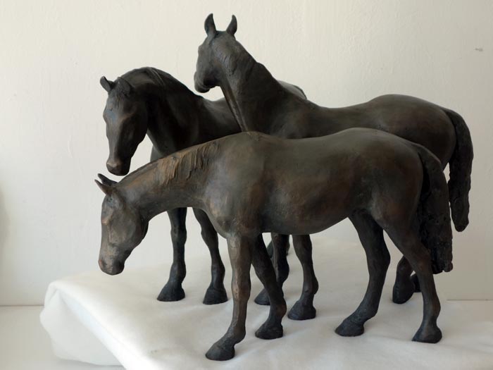 dreiteilige pferde-skulptur 3 pferde, bronze