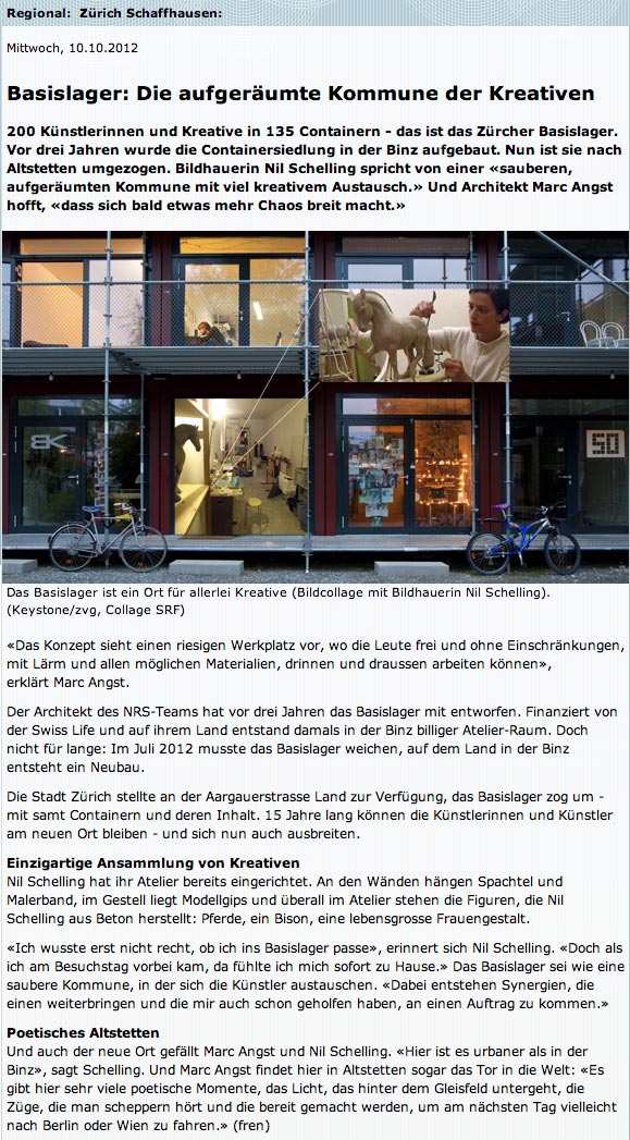 DRS 1 Regionaljournal ZH, Radio-Interview mit Künstlerin Nil Schelling, skulpturkunst und Marc Angst, Architekt